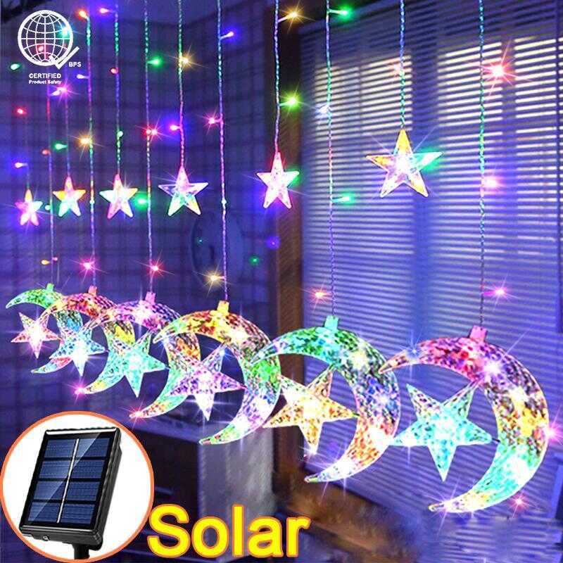 Ligyetor Lampu Raya Solar Moon Star Curtain Lights LED String Light 8 ...
