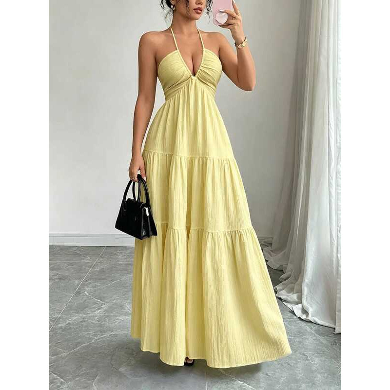 Women Halter Maxi Dress Neck Tiered Gathered Bust Textured Empire Waist Dresses  Casual Boho Summe | Shopee Philippines