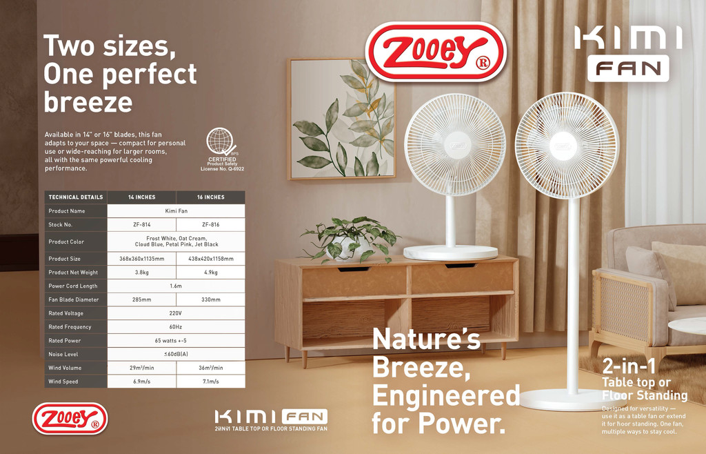 ZOOEY Kimi Fan ZF-814/ZF-816 – Sleek Modern Home Fan, Quiet Design ...