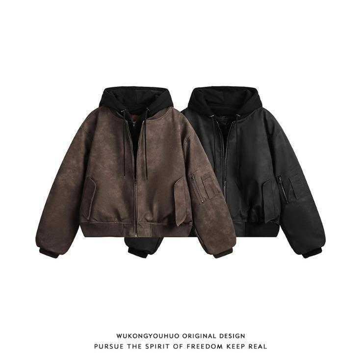 American-Style Brown Faux Two-Piece Short Leather Cotton Jacket For Men ...