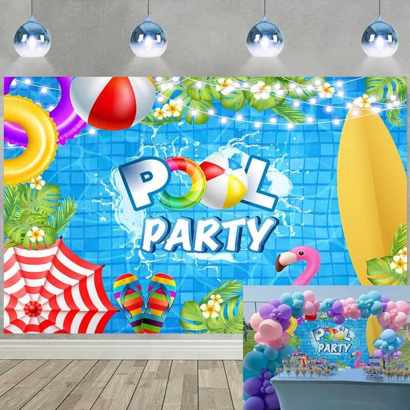 Pool Backdrop Summer Beach Ball Swim Ring Surfboard Tropical Palm Tree ...