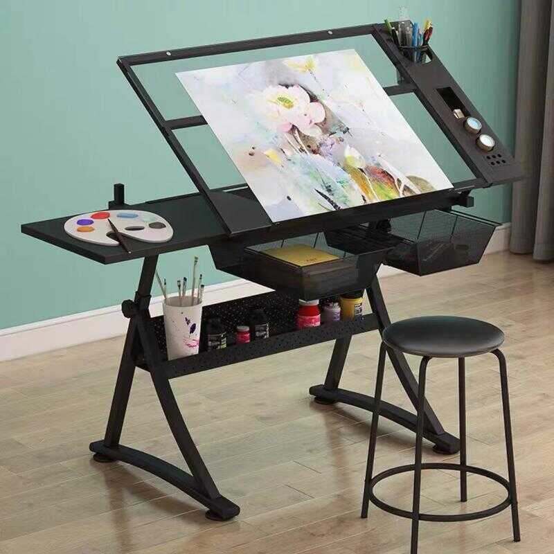 Drafting Glass Drawing With Extra Side Table Drawers And Leather Padded ...