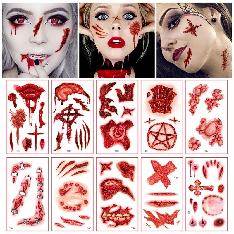 4PCS Halloween PartyTattoo Horror Makeup Fake Wounds Stitches Scars ...