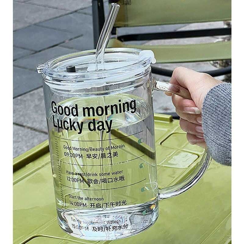 Large Capacity Graduated Glass Straw Cup with Lid Office Water Cup ...