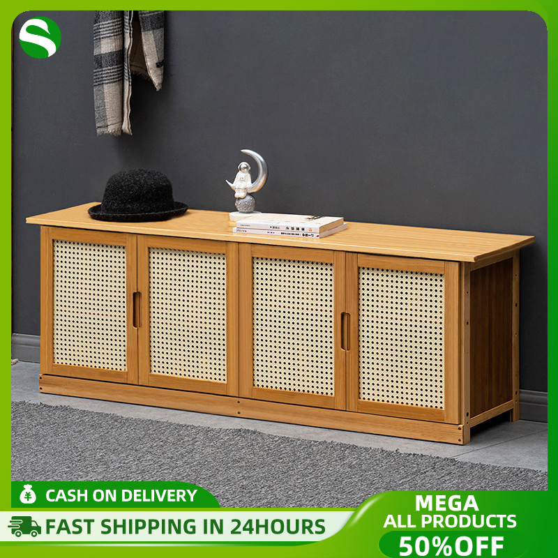 Bamboo Shoe Cabinet 2/3/4Doors Wooden Rattan Shoe Rack Cabinet Stool TV ...