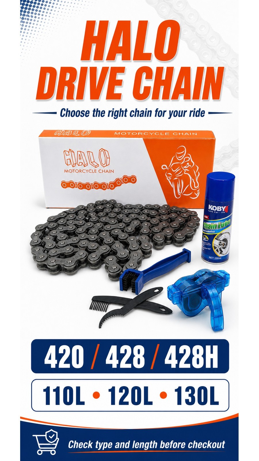 HALO 420/428/428H Motorcycle Drive Chain 110L/120L/130L Heavy Duty with ...