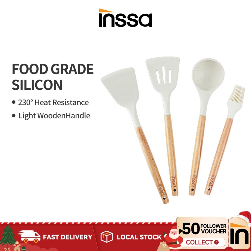 Inssa 4pcs Cooking Utensils with Wooden Handle Silicone Material Heat ...
