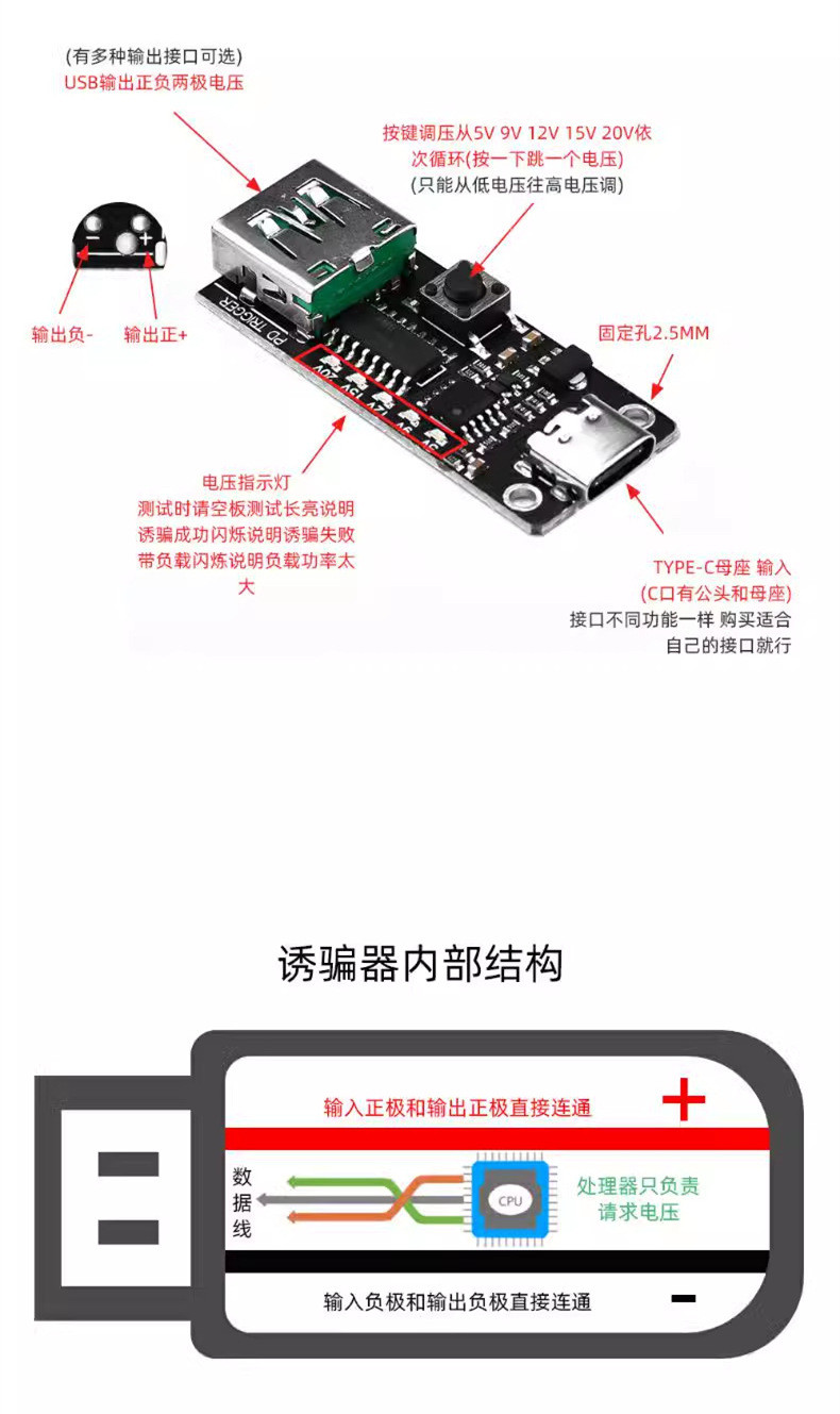 PD/QC Trigger Module with USB Boost Cable - Type-C Fast Charge Decoy ...