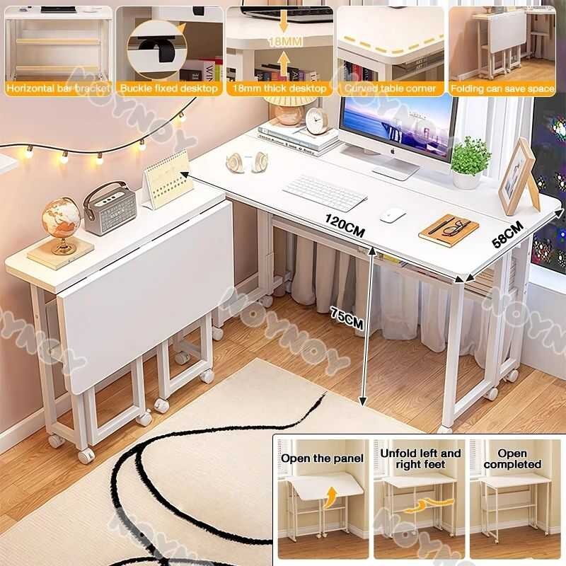 Folding Table Computer Mobile White Study Office With Wheels 2-Layer ...