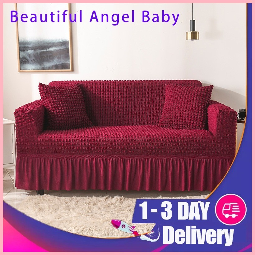 18 Colors Seersucker Sofa Cover with Elastic Skirt 1 2 3 4 Seater Sofa ...