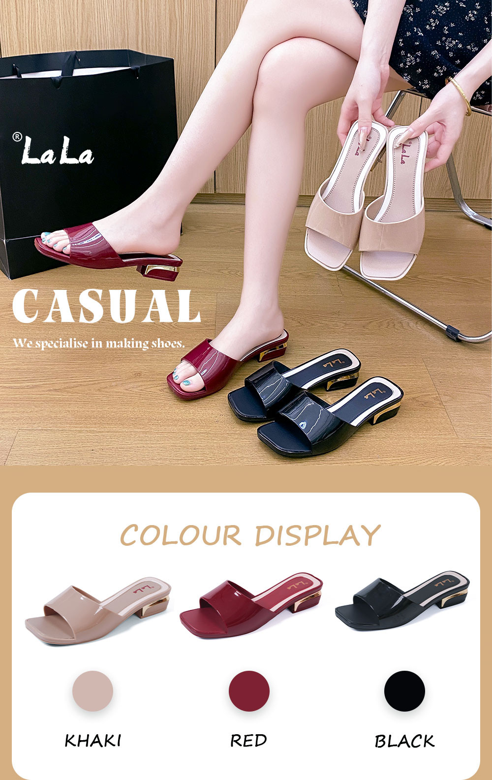 LALA Heels One Strap 4CM Block Heels For Women Casual Square Toe Rubber ...