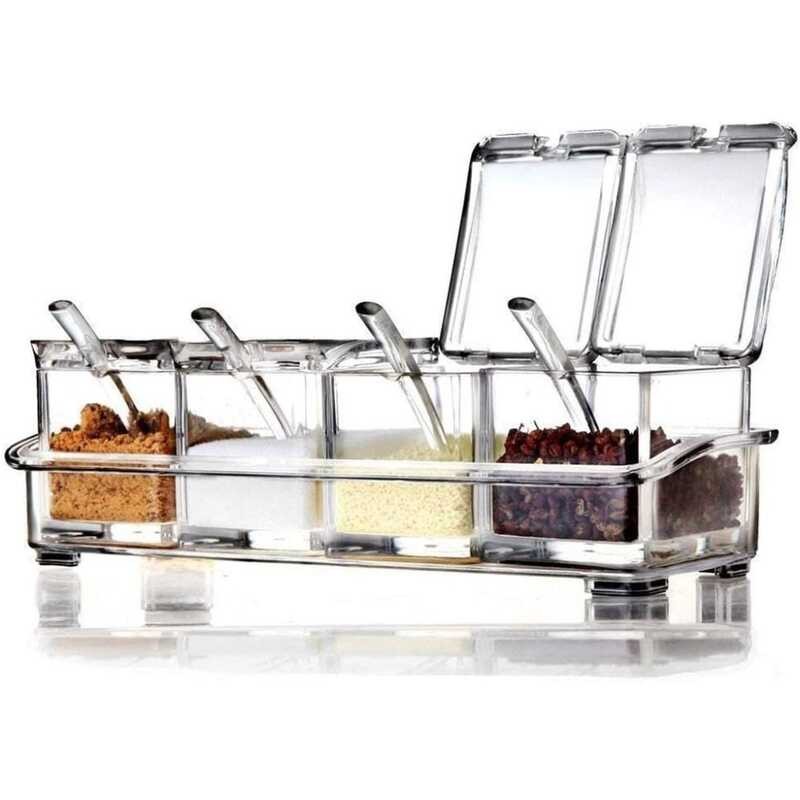 Elegant 4-Compartment Acrylic Spice Rack With Lids And Spoons, Clear ...