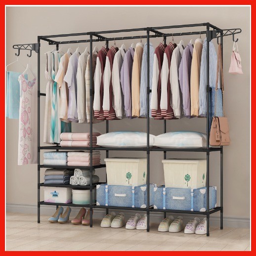 2/3/4 Row Hanger Rack Floor Bedroom Hanger Household Bedroom Wardrobe ...