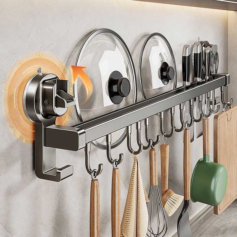 Blue Vine Kitchen Suction Cup Storage Rack Hook Rod Wall-Mounted Knife ...