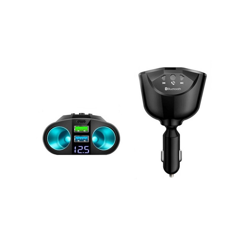 cigarette lighter expander 7 In 1 Car Charger With Digital Display, Multifunctional Fast Charging Car Adapter With 1 USB-A Ports And 2 Type-C Ports, 4 Ports,1 Retractable Type-C Cables And LED Real-Time Voltage socket Input voltage Car Cup Holder Expander Adapter
