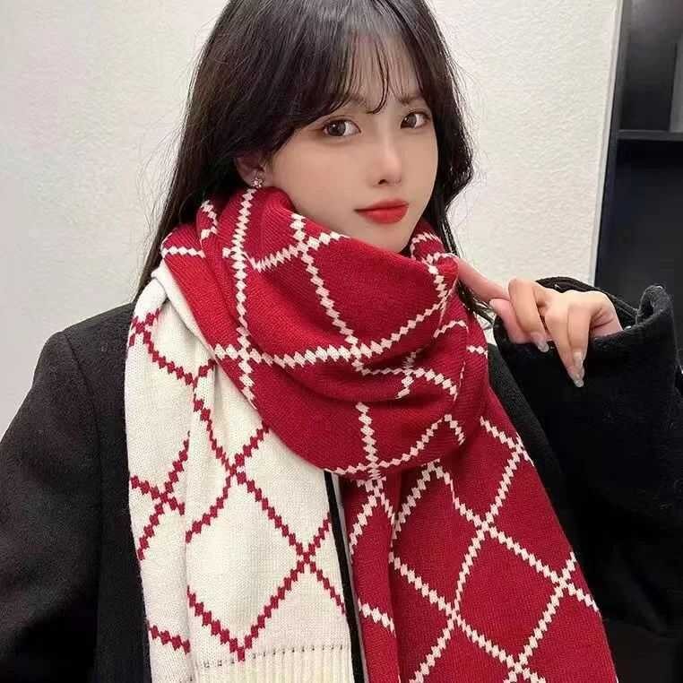 Red Knitted Women s Warmth Plaid Style Winter Versatile Korean Version 