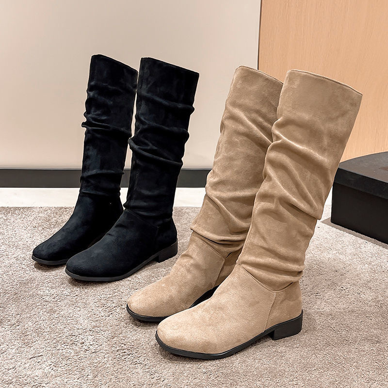 2025 Autumn and Winter Flat Bottom Round Head Boots for Women Pleated ...