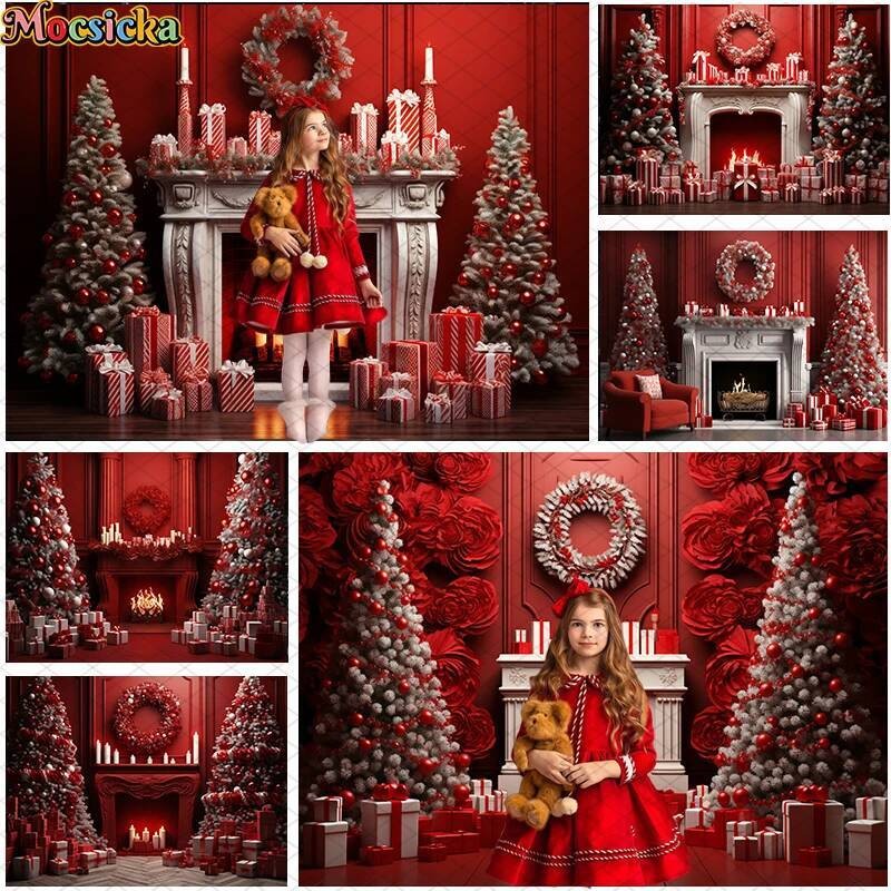Red Mocsicka Christmas Fireplace Xmas Tree Gifts Decorations Family ...