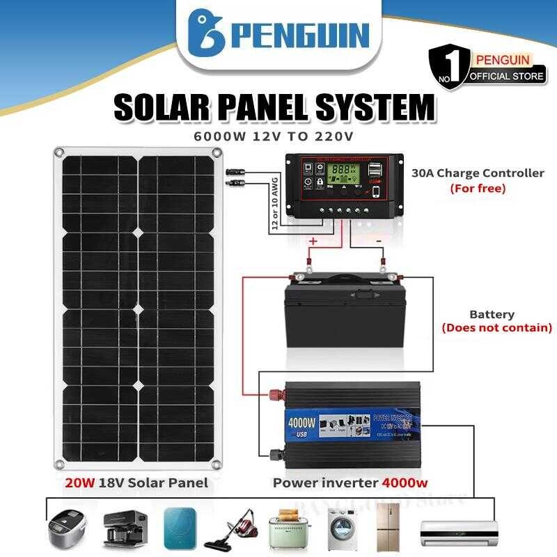 4000W/60Hz(Peak) System Inverter DC 12V To AC 220V 20W Solar Panel And ...