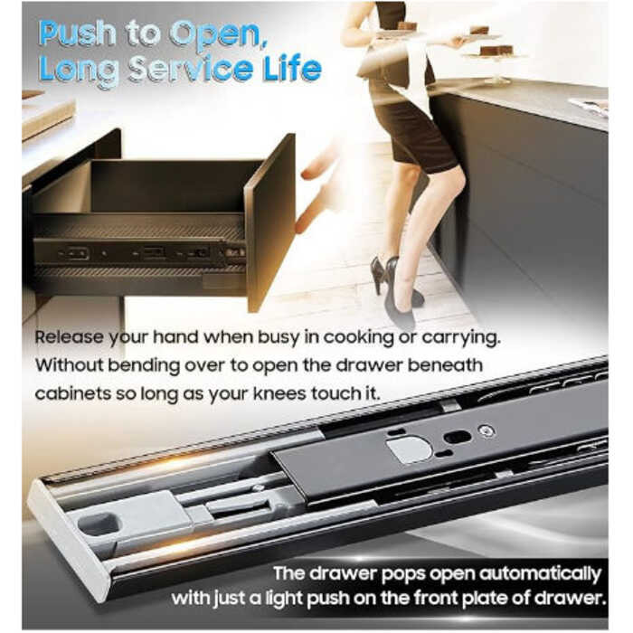 PUSH OPEN Hydraulic Drawer Full Extension 3 Fold Slide Guide Rail 1 Set ...