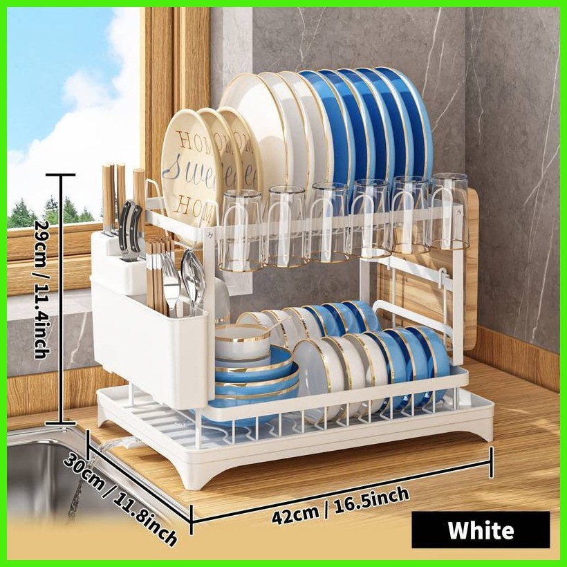 2 Tier Dish Rack With Drainboard Multifunctional Dish Drainer Dish ...