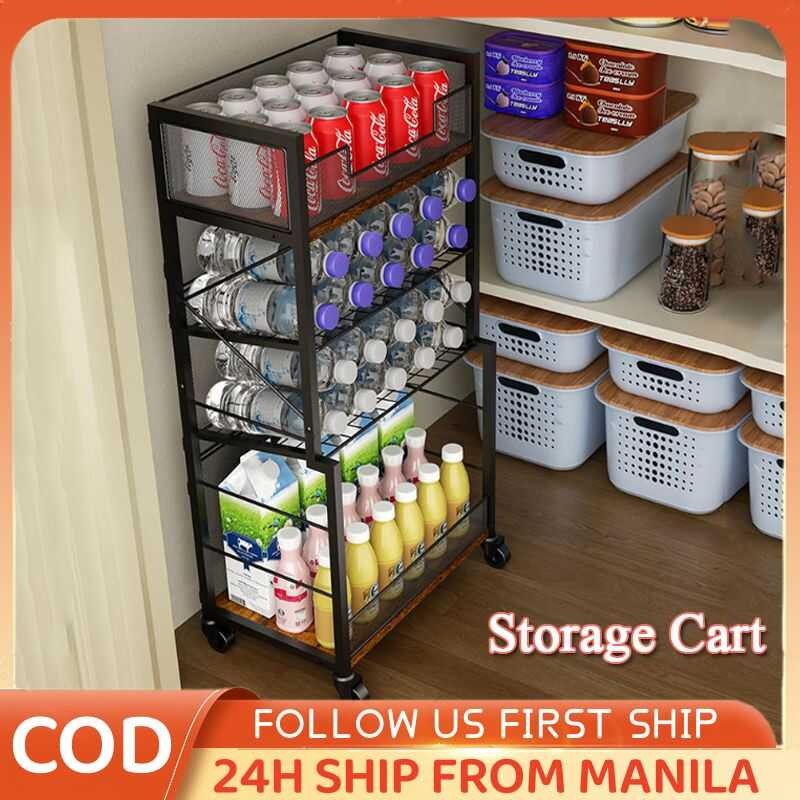 4-Layer Rolling Kitchen With Wheel Pull-Out Seasoning Beverage Rack ...