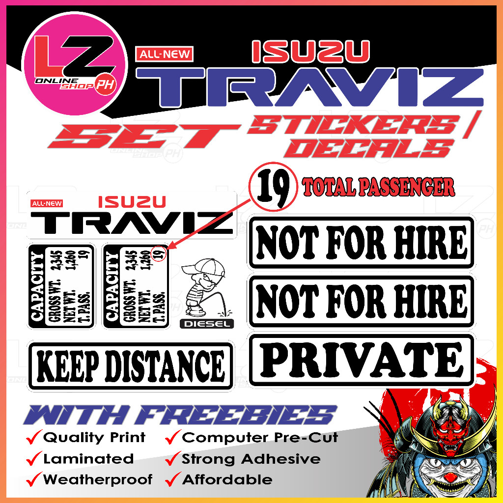 Isuzu Traviz Stickers Set, Capacity, Not for Hire, Private, Keep ...