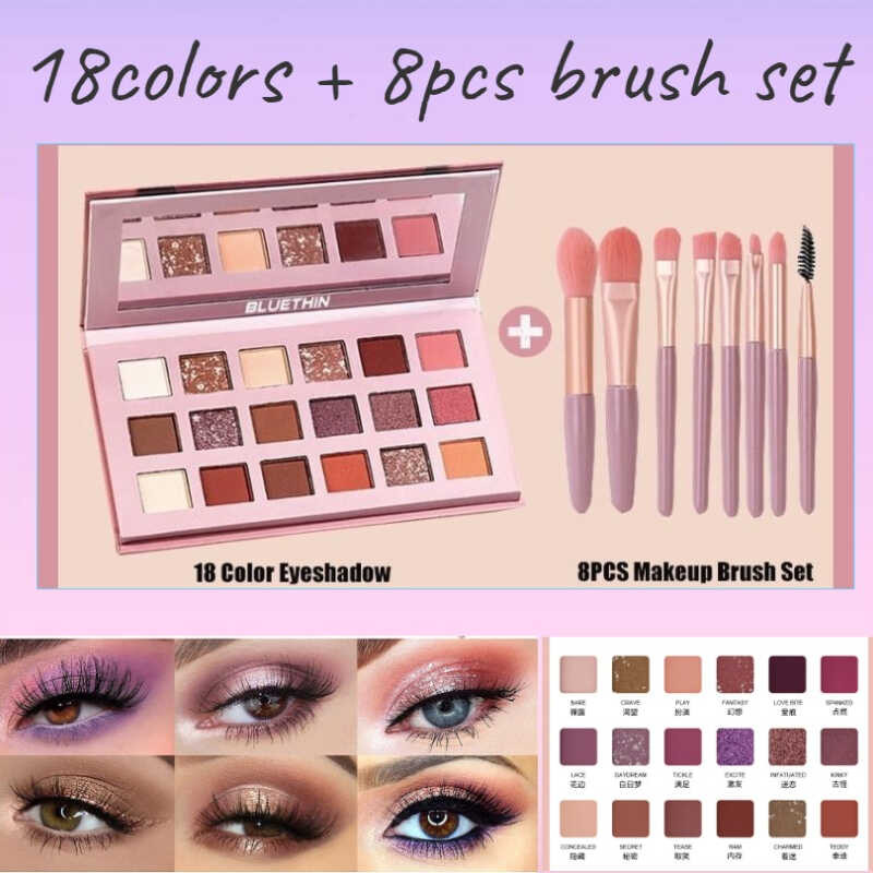 18 Color Desert Rose Eyeshadow Palette with 8pcs Eye Makeup Brush Set ...