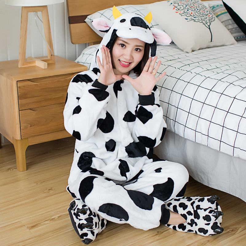 Kigurumi Cow Onesies Winter Cartoon Pajamas Set Women Men Nightwear ...