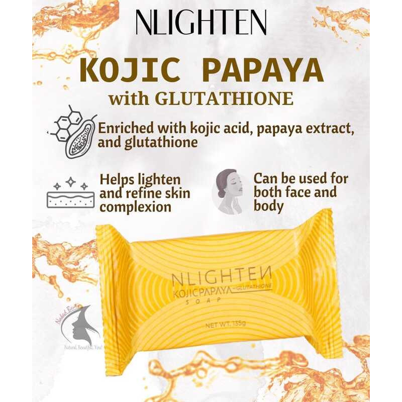 nlighten kojic papaya with glutathione SOAP (3-n-1) Kojic + + Soap. Bes Triple whitening effect.  Kojic- Treatment for dark spots, acne & freckles  Papaya- Not just for whitening but also has NLighten Kojic Papaya Soap with