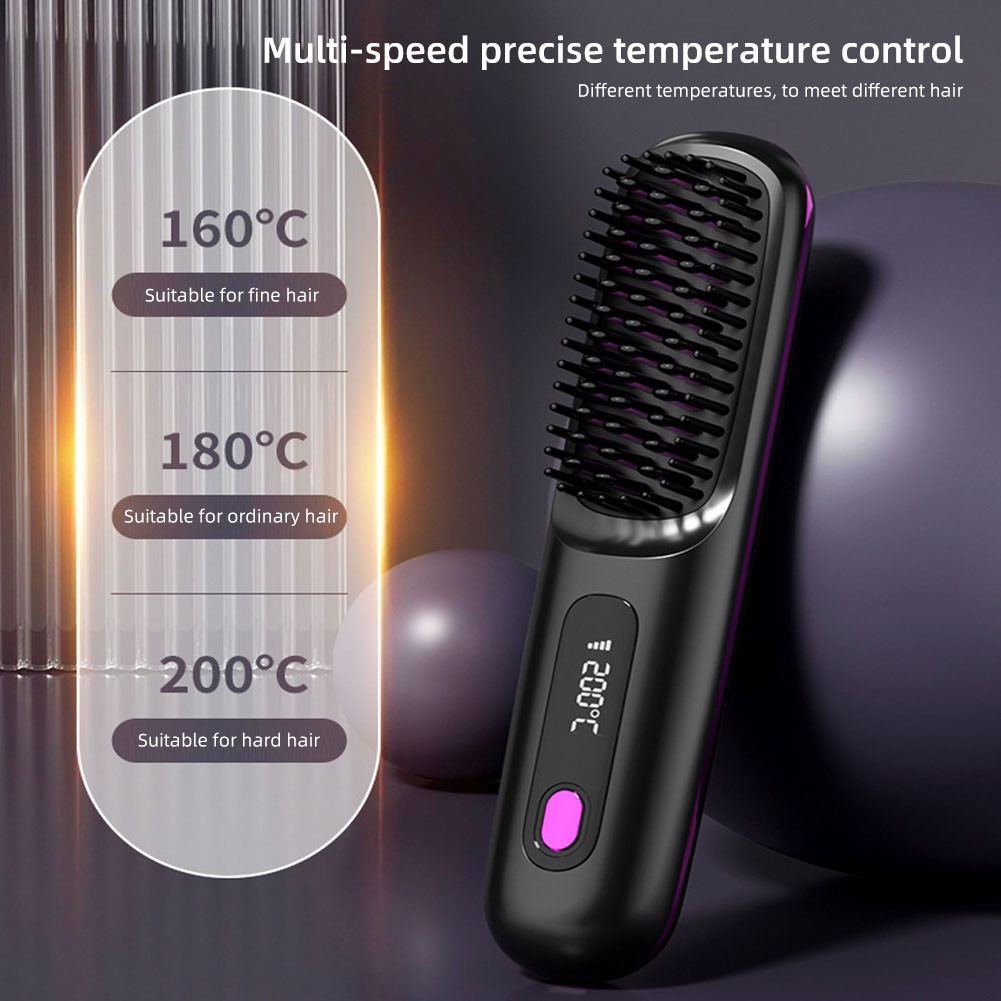 LCD USB Charging Heating Curling Power Comb Hair Straightener Wireless ...