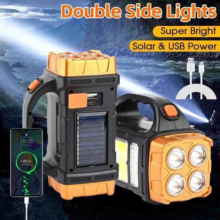 Portable Solar Flashlight With COB Work Light Rechargeable LED ...