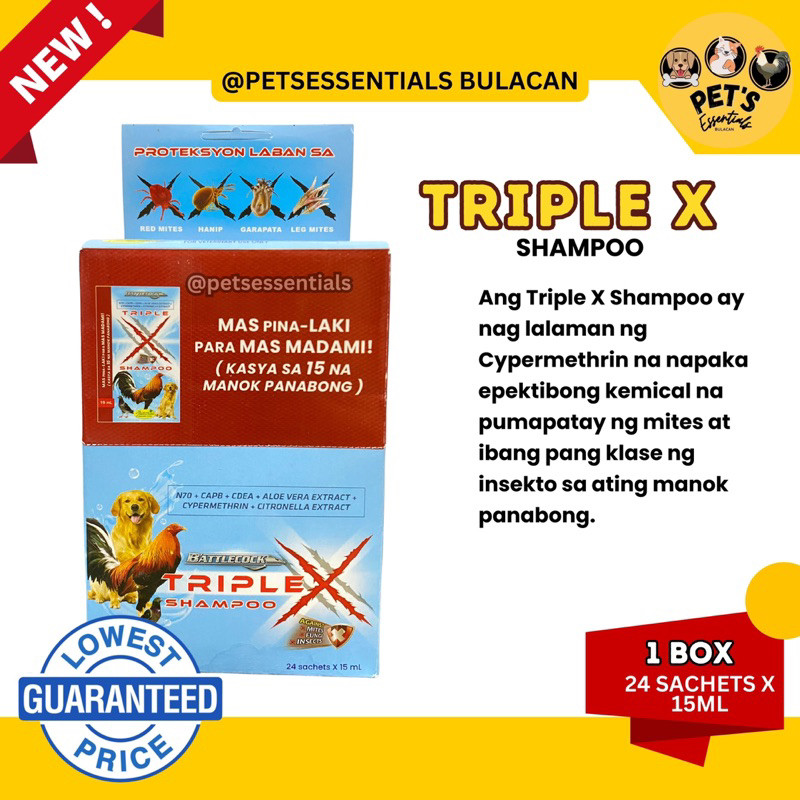Triple X Shampoo PER BOX 24 sachets x 15ml Para sa manok | Shopee ...