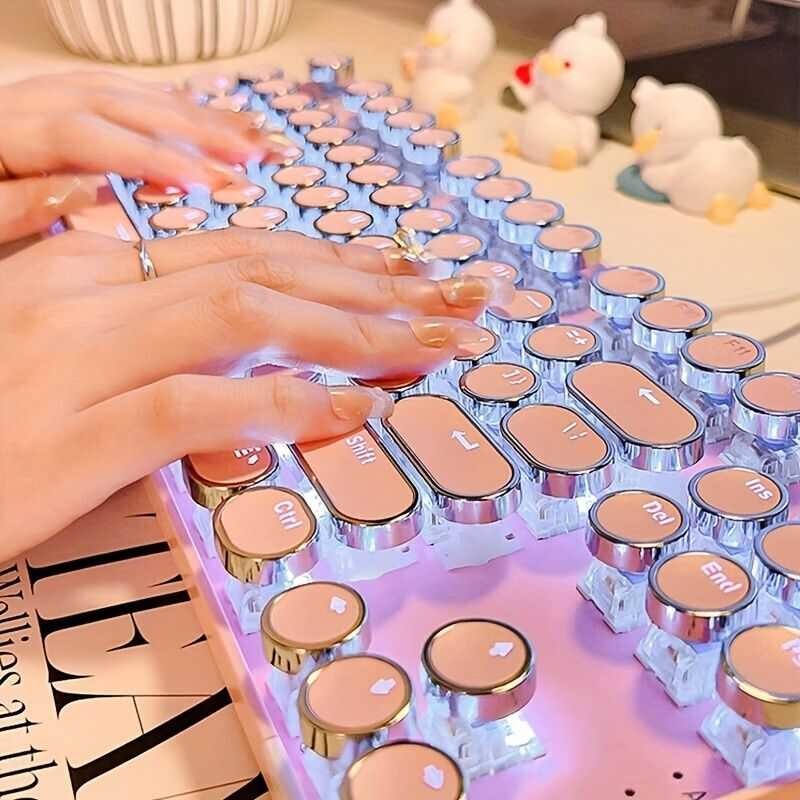 EWEADN Punk Typewriter Mechanical Gaming Pink Keyboard, 104 Keys Full ...