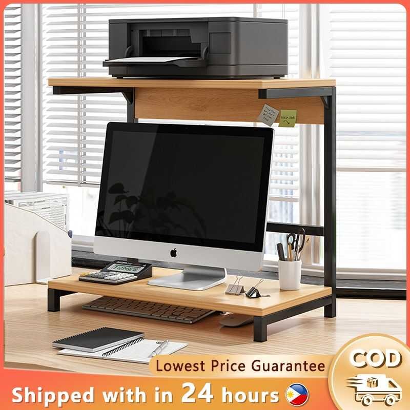 Computer Desk With Double Layers Wooden Monitor Stand Printer Table ...