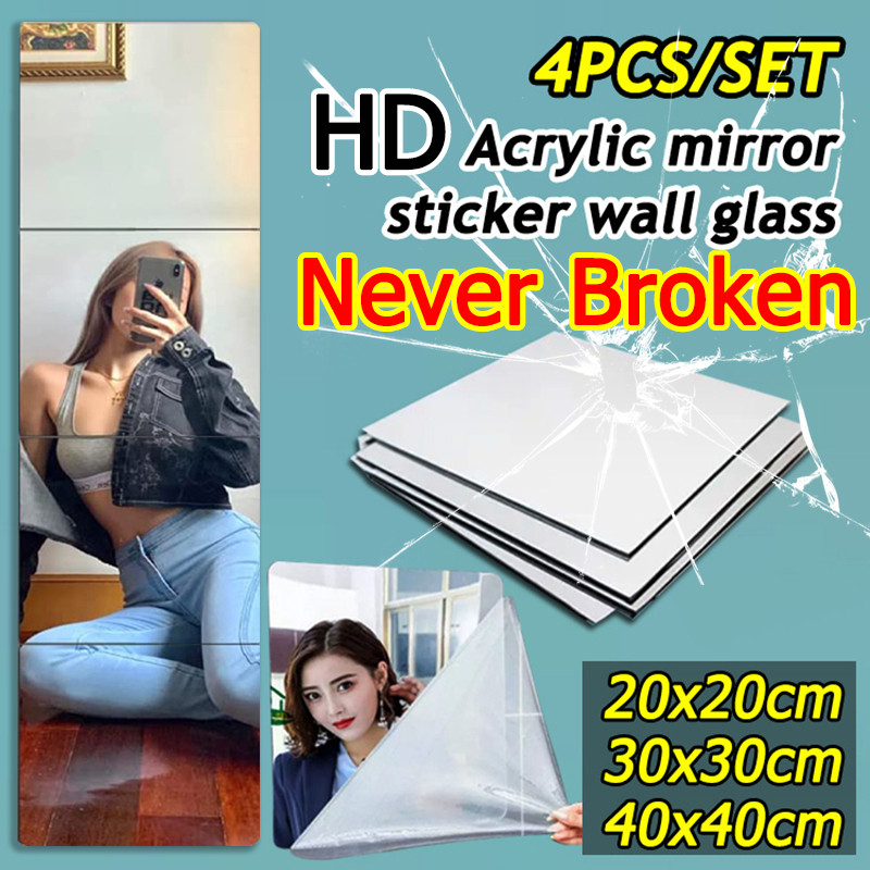 4 pcs HD Mirror Wall Sticker full-length mirror Never Broken wall ...