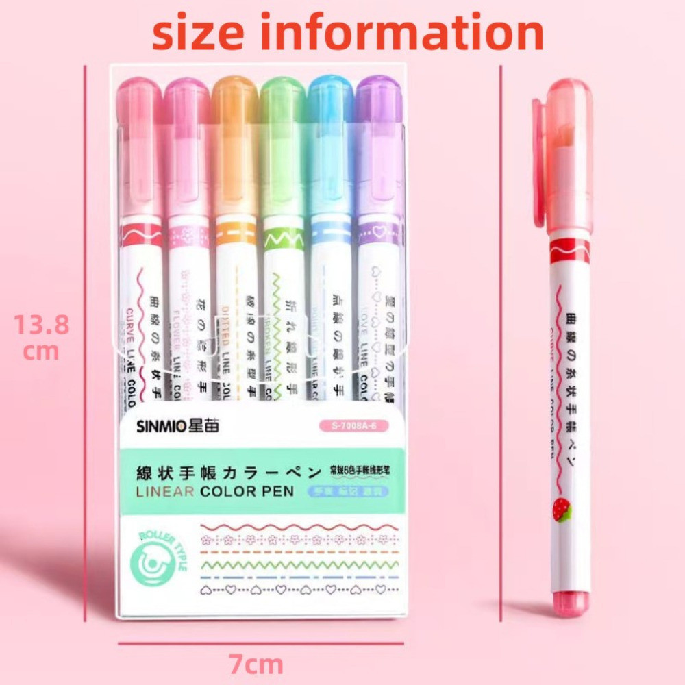 6pcs Line Shaped Highlighter Pen Multi Color Roller Tip Curve Liner ...