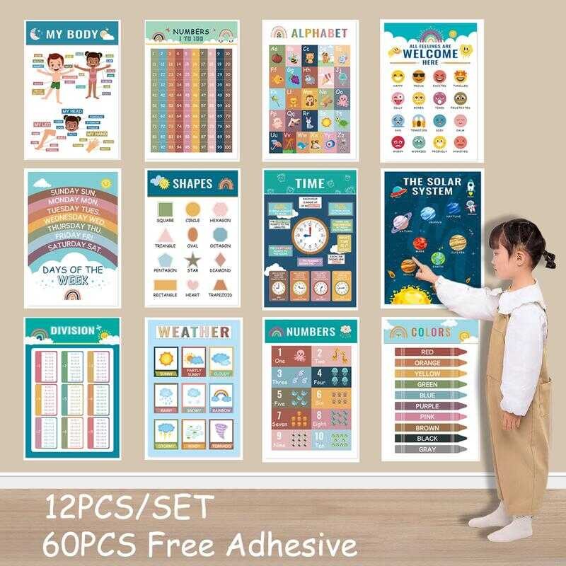 12 Pcs ABCD Chart For Kid Educational Set Wall Colors Numbers Alphabet ...