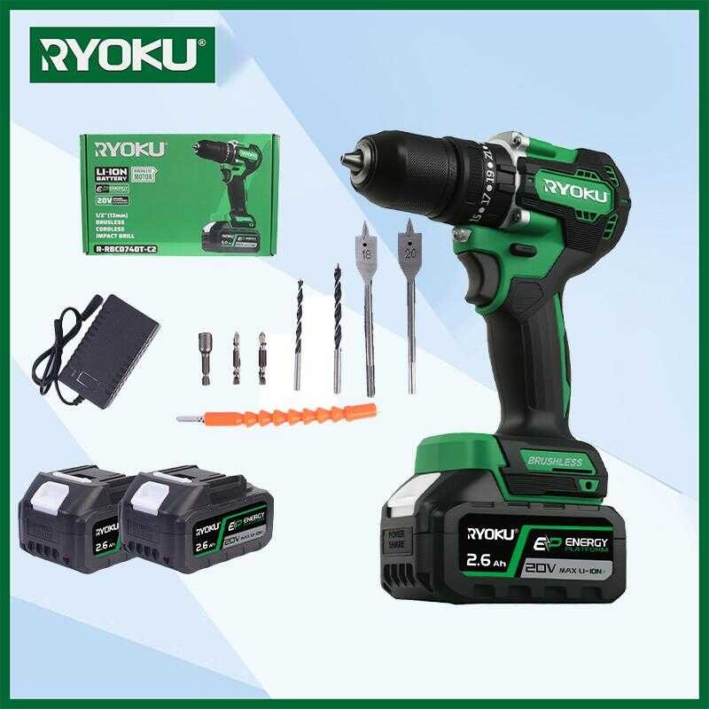 RYOKU 20V 13Mm Cordless Percussion Drill With Brushless Motor And 2 ...