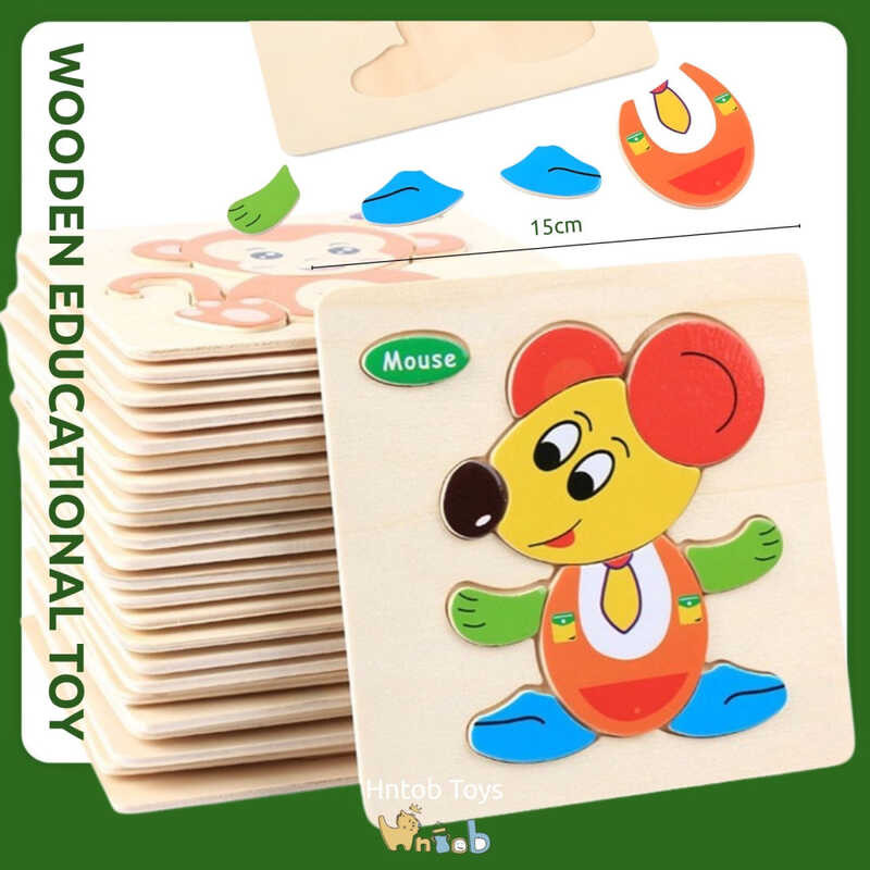 Hntob 15*15Cm 3D Wooden Cartoon Puzzle Toy Baby Early Learning English ...
