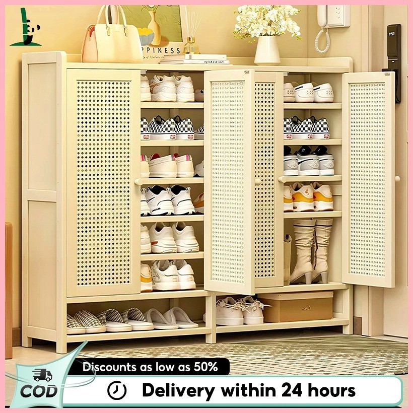 Large Capacity Bamboo Shoe Cabinet With Rattan Door Shoe Rack In Cream ...