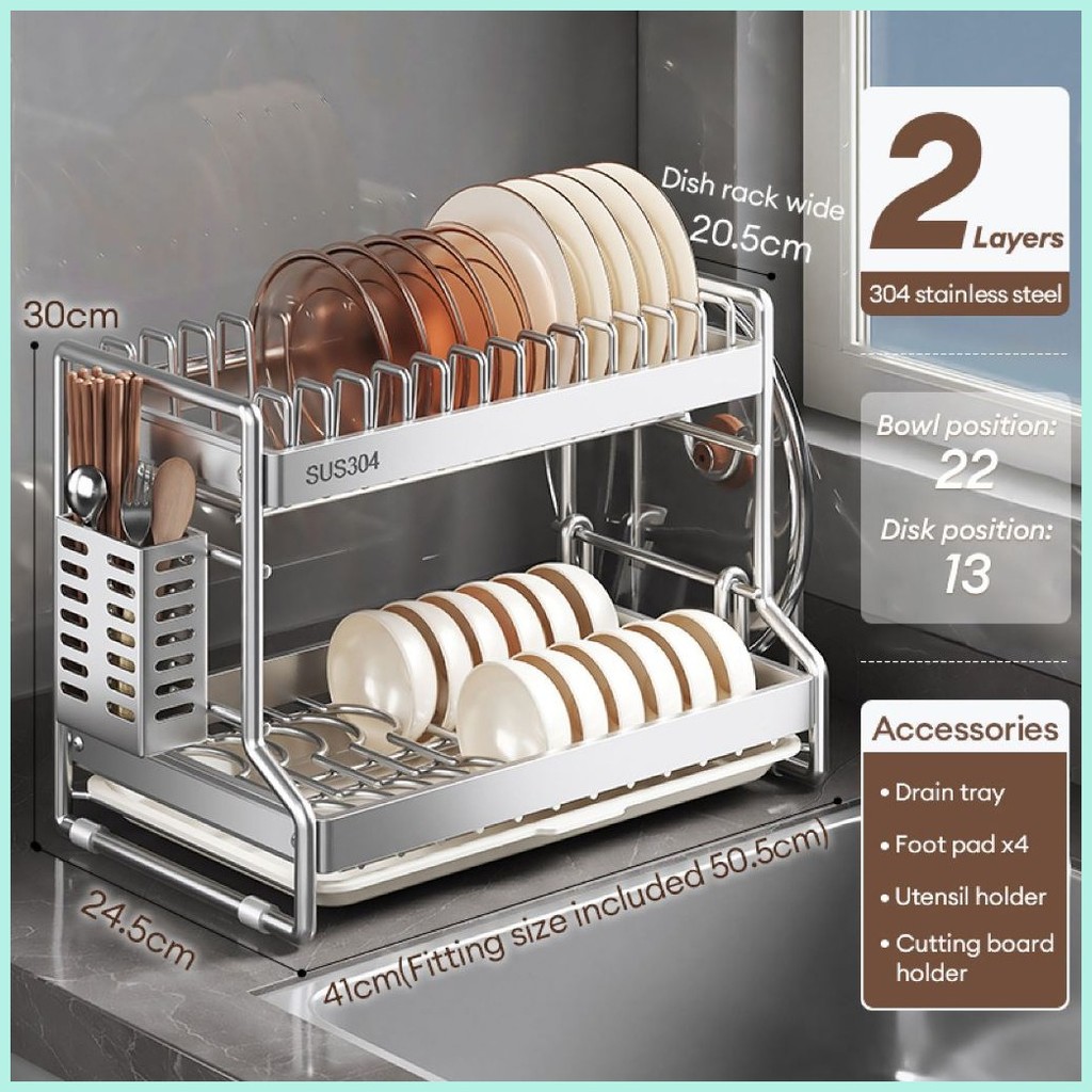 KEVE 2/3 Layers 304 Stainless Steel Dish Rack with Drainer Dish Drying ...