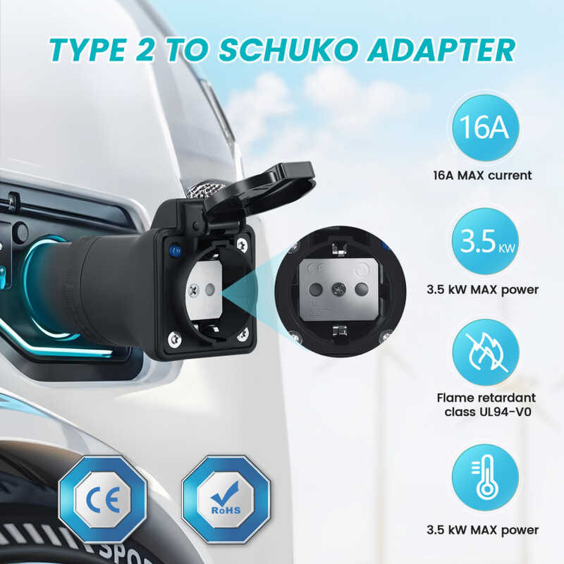 Adaptateur Type 2 Vers Schuko 4m 16A 3.5kW – Charge Rapide Moto Électrique, Scooter Et Vélo Électrique Sur Borne Publique