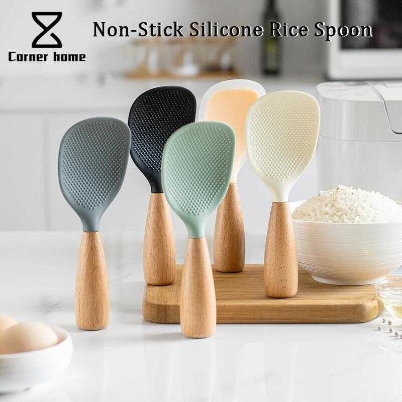 Wooden Handle Silicone Rice Spoon Standable Non-Stick With Particles ...