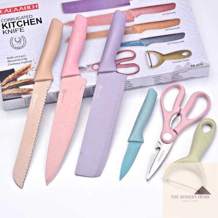 6Pcs Kitchen Knife Set Corrugated Colorful Stainless Steel Chef Bread ...