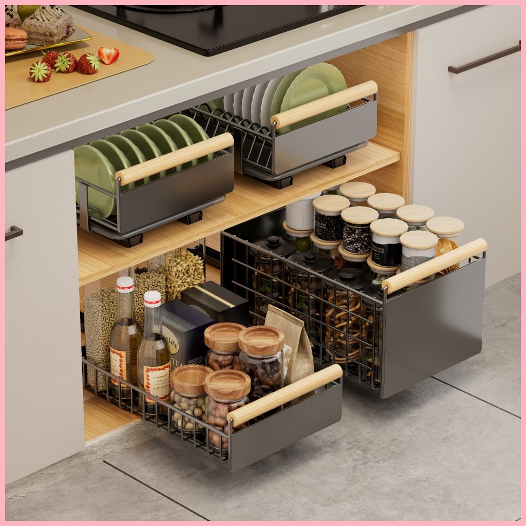 Grey Kitchen Dish Organizer Pullout Basket For Kitchen Cabinet Dish ...