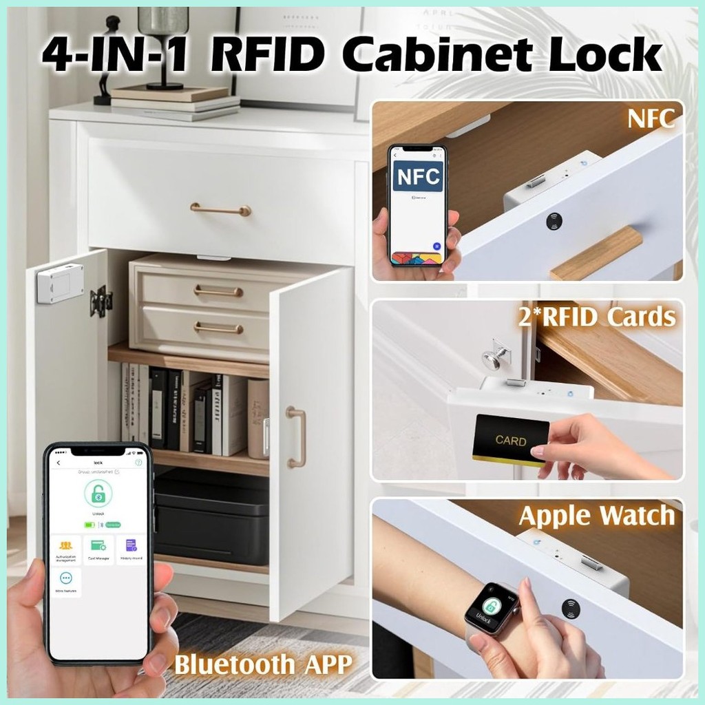 ELinkSmart Hidden Cabinet Lock – No-Drill Drawer Lock With RFID, NFC & Bluetooth APP, Child Safety For Kitchen Pantry & Furniture