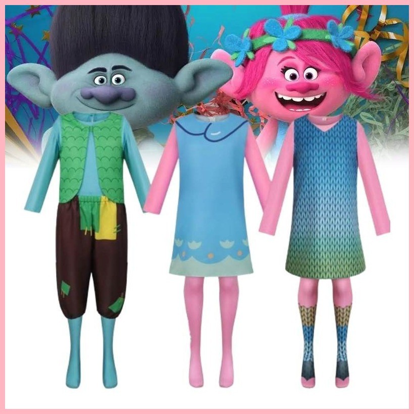 Trolls Poppy Enchanting Costume V-neck Dress Anime Outfit Role-playing ...