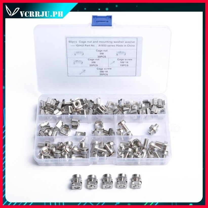 TECHTOO 50 Pack M6 Rack Mount Cage Nuts, Screws and Washers w/Insertion and Removal Tool for Rack Mount Server Cabinet, Server Shelves, Routers, Patch Panel, Cable Ties