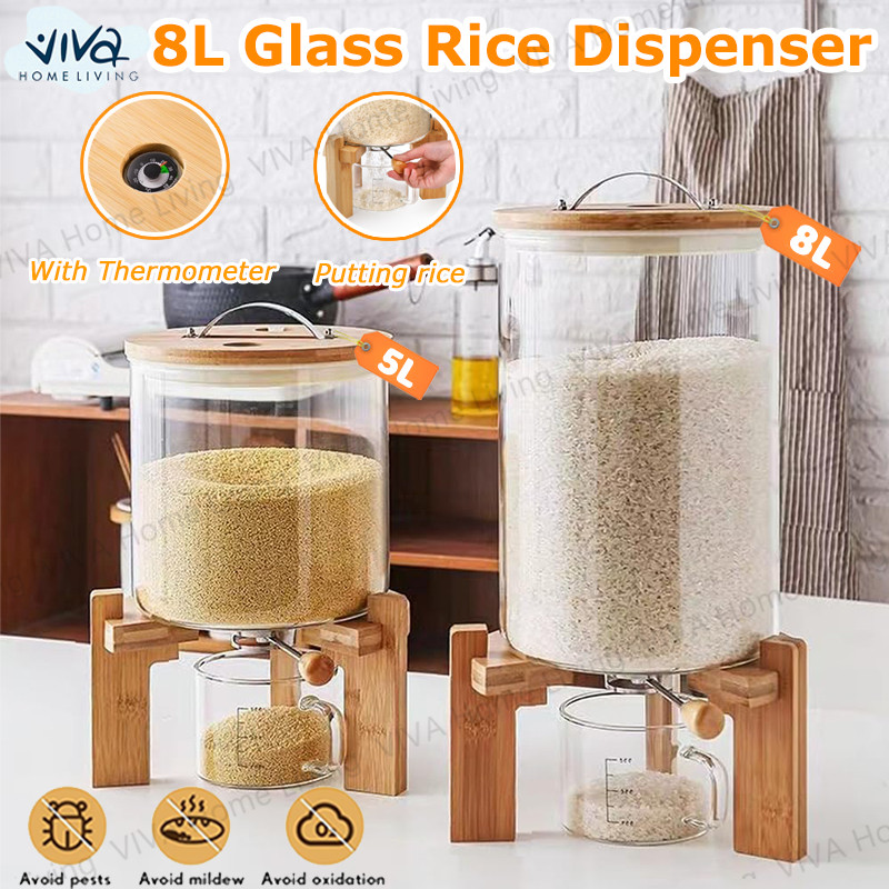 8L Rice Dispenser Glass Food Storge Container Sealed Grain Container ...